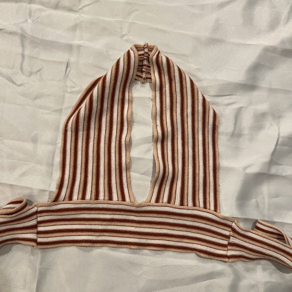 brown and white striped halter tie top